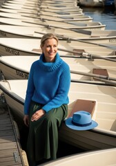 Fototapeta premium Middle-aged woman in a blue sweater sits in a white wooden rowboat at a pier.