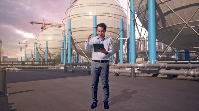 Full Body Of An Asian Male Professional Worker Standing With His Tablet With Spherical Propane Tanks with Fuel Gas Pipelines, He Raises His Fist Up With Screaming Goal After Typed On The Tablet