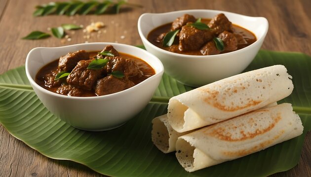 South indian appam and spicy meat curry on banana leaf