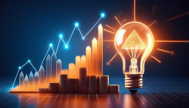 an image featuring a glowing light bulb and a rising graph is used to symbolize the economic growth associated with rising energy expenses presented in a simple and easily comprehensible design