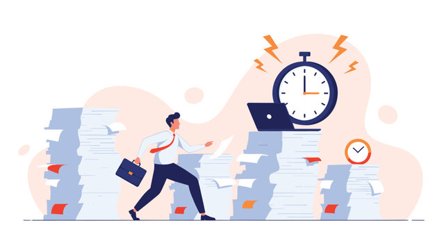 Stressed businessman running past enormous stacks of paperwork while a giant alarm clock rings in the background to signify urgent work deadlines.