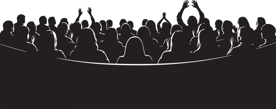 Crowd cheering, people celebrating, black silhouette vector, crowd icon, cheering audience
