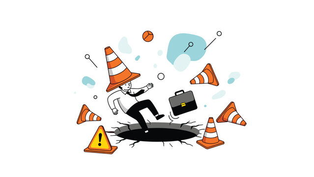 Businessman falling into a hole in the ground surrounded by traffic cones and warning signs representing business risks and career pitfalls.