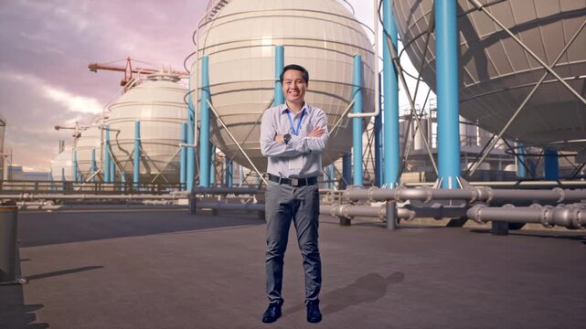 Full Body Shot Captures Of An Asian Male Professional Worker Standing With Spherical Propane Tanks with Fuel Gas Pipelines, His Broad Smile At The Camera And Cross His Arm Over His Chest