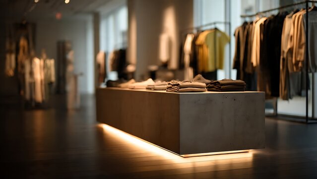 Minimal retail display table inside boutique with folded clothing. Fashion store interior and modern shopping concept