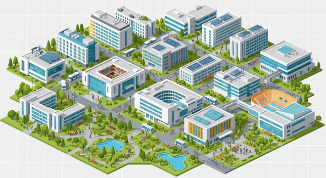 Modern University Campus Isometric View: Buildings, Green Spaces, and People