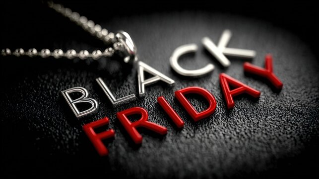 Black friday sale message with red and silver letters on dark textured surface, symbolizing big shopping discounts