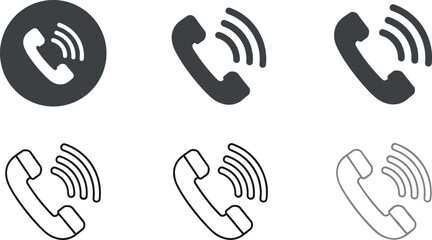 Fototapeta premium Phone call icon collection set featuring handset symbols with signal waves in solid and outline styles for communication and contact design