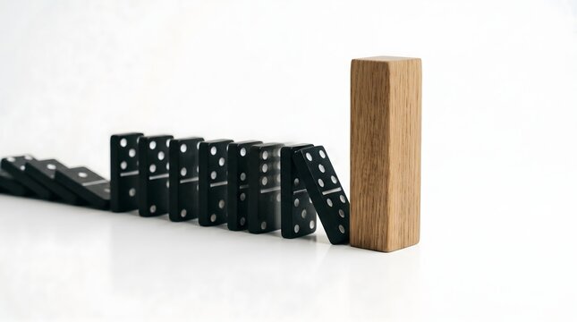 Domino Hitam Jatuh Tertahan oleh Balok Kayu Vertikal Simbol Pertahanan