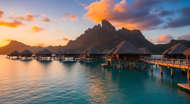 Luxury overwater bungalows in a tropical lagoon at sunset with a dramatic mountain peak in the background, bora bora, french polynesia