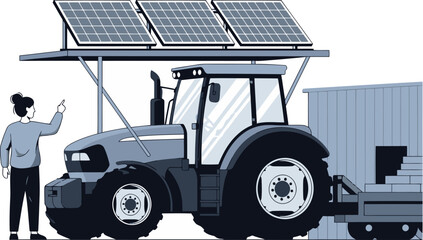 Naklejka premium A woman examines a solar-powered tractor biofuel system. Modern farm equipment meets renewable energy. Clean, bright, and sustainable.