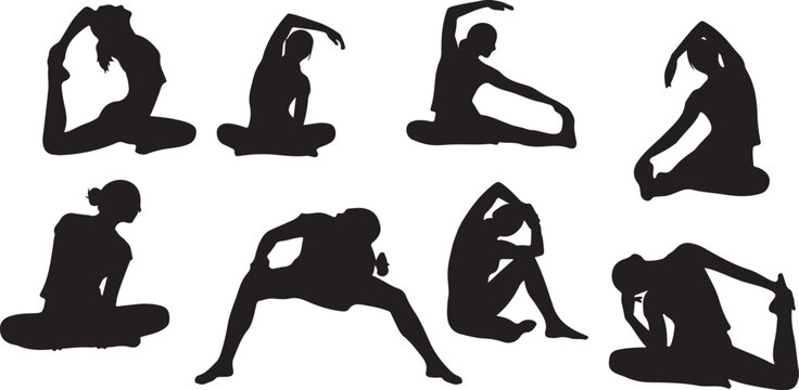 Yoga poses, black silhouettes, vector icons, fitness illustrations, 8 yoga postures