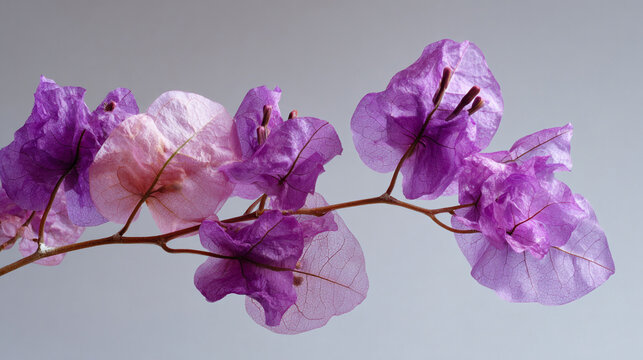 Branch with purple and pink bougainvillea bracts against a soft gray background