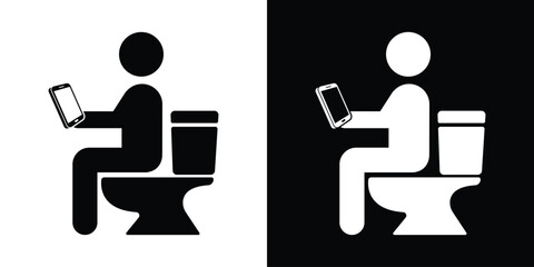Modern black and white icon showing a person sitting on a toilet while looking at a handheld smartphone or tablet device. © bibin