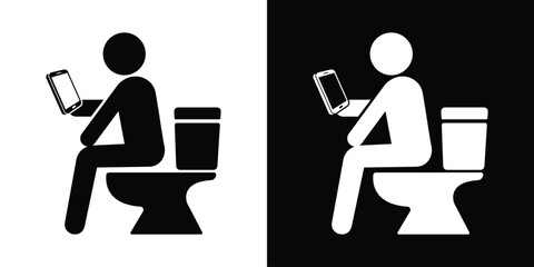 Modern black and white icon showing a person sitting on a toilet while looking at a handheld smartphone or tablet device. © bibin