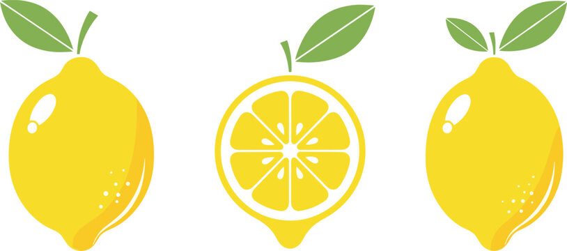 Minimal lemon illustration set featuring whole and sliced citrus fruit with leaves in clean flat vector style for fresh food design