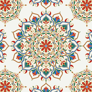 Intricate colorful mandala pattern with floral and geometric elements. For decor, textile, background, print, design, festival, Moroccan, Mexican motifs, fabric, textile, wallpaper, packaging, events.
