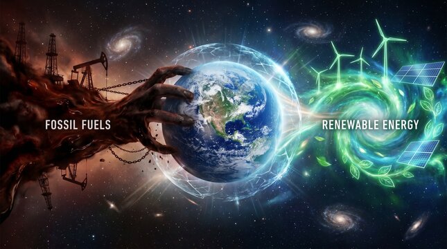 Conceptual illustration contrasting fossil fuels and renewable energy with Earth at the center. Concept of energy transition, decline of the oil industry, decarbonization strategies