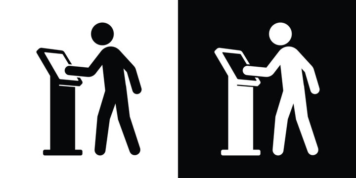 Vector illustration of a person using an automated digital kiosk or ATM. Ideal for self-service, banking, check-in, and interactive technology interface themes. Black and white set.