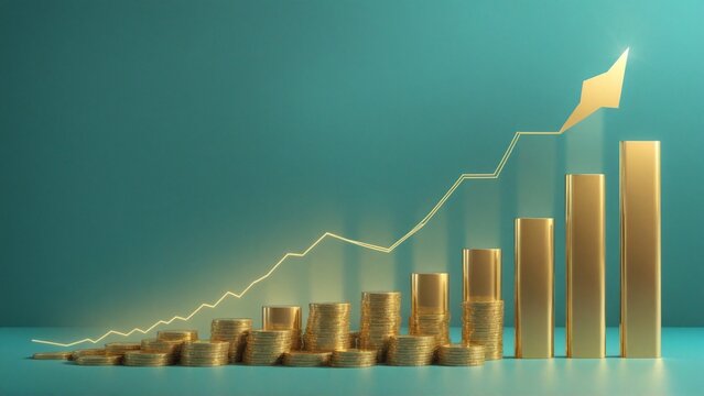 Golden coins and rising bar chart with growth arrow on teal background