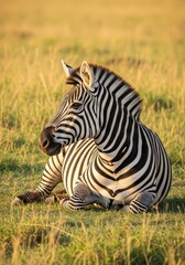 Obraz premium Zebra rests peacefully in the golden grass during sunset.