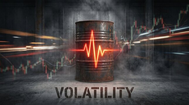 Rusty oil barrel with shockwave lines and volatility text against a dark background with stock market graphs. Concept of rising oil prices, energy market volatility, fuel cost increase, inflation