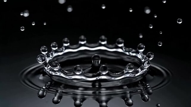 Macro shot of water drop splash forming a crown shape on black background, Generative AI