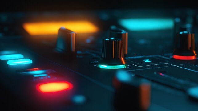 DJ mixer close-up with glowing faders and knobs, psychedelic club lights, shallow depth emphasizing controls