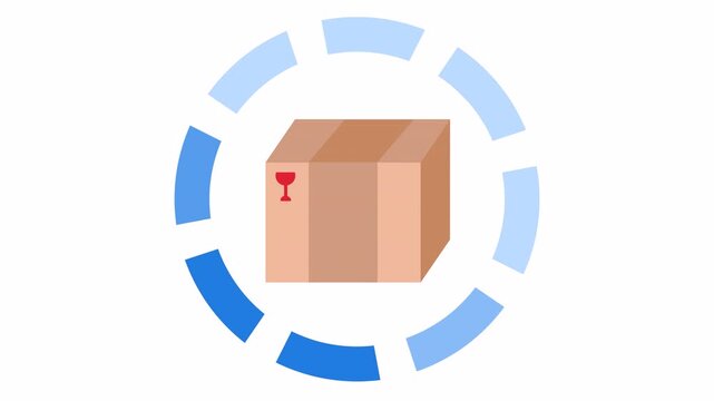 Order process workflow with trolley cart icon, delivery package, and successful badge notification symbol in a cartoon animation. E-commerce transaction progress motion graphic in flat design style.