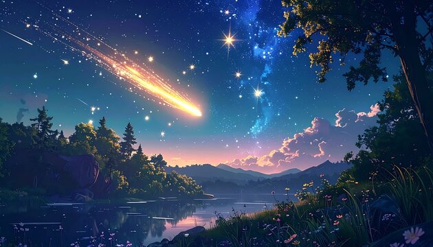 Meteor shower over lake