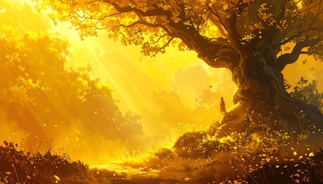Golden forest path scene