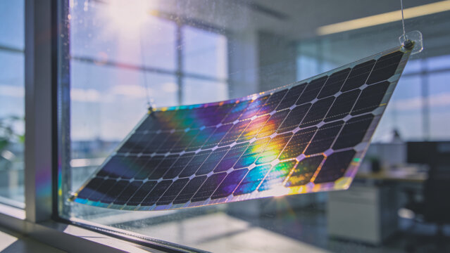超薄型のソーラーパネルが太陽の光で虹色に見える、