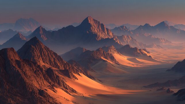 Awesome photo of cinematic landscape of desert mountains shrouded in mist during a warm sunset.