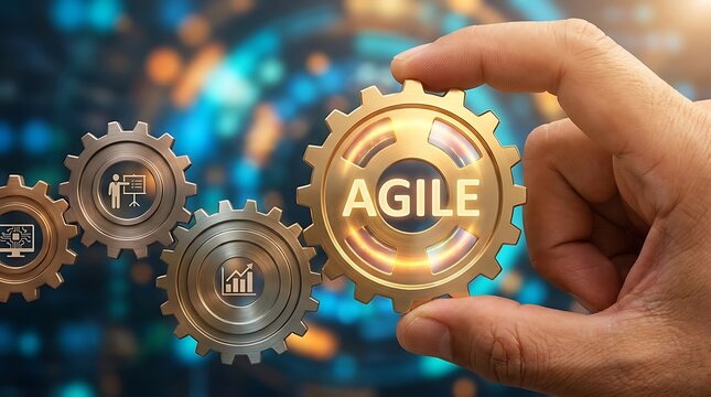 Close-up of a hand interacting with gears labeled 'agile', representing teamwork and flexible project management, teamwork