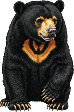 Realistic illustration of a sun bear with black fur and distinctive orange chest markings sitting and looking forward on a transparent background