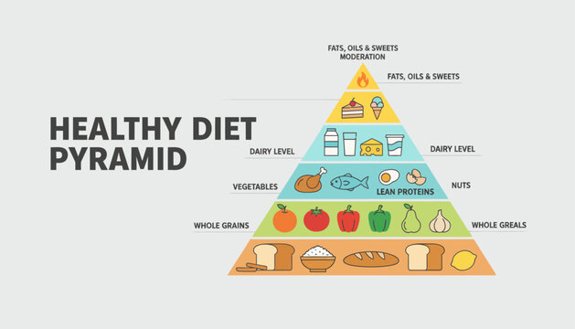 A healthy diet pyramid illustration shows food groups and nutrition recommendations