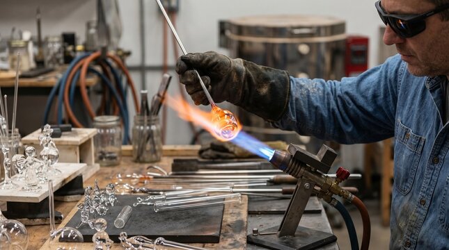 Artisan meticulously crafts delicate glass sculptures using a blowtorch in a workshop setting, showcasing skill and creativity