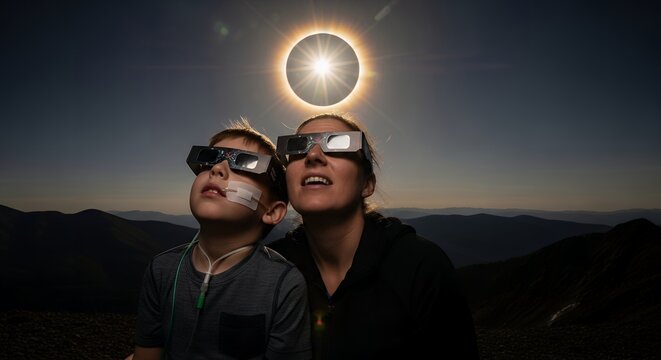 Mother and Son Witnessing Total Solar Eclipse from Mountain with Safety Glasses