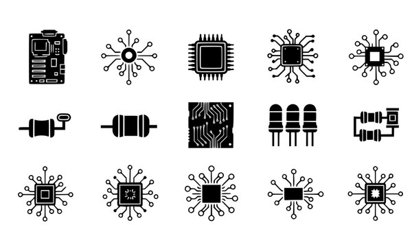 Electronic Circuit Board Components Black Glyph Icon Set Featuring Microchip, Resistor, Capacitor, LED, Processor, and Circuit Elements for Technology and Engineering Design