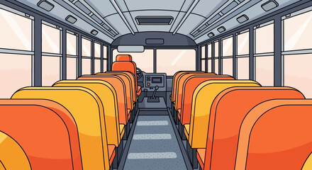 Empty School Bus Interior View - Rows of Orange Seats, Driver's Area, Windows © Ulvi