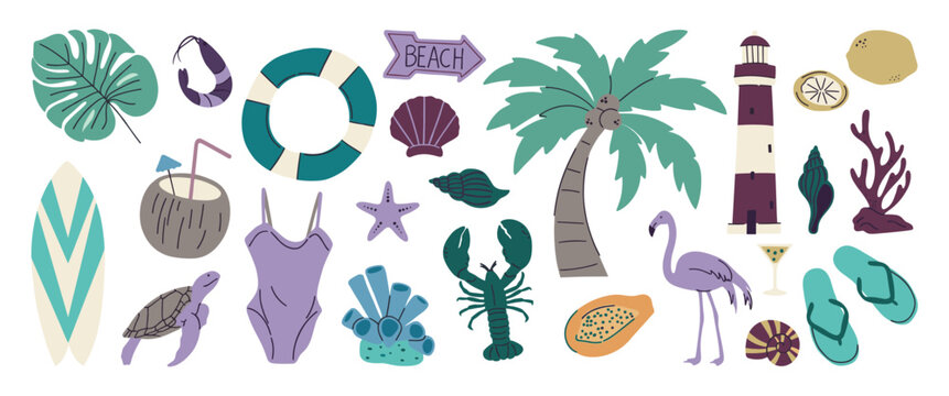 Collection of summer beach and tropical travel icons with hand drawn life ring flip flops palm tree tropical vacation collection illustration scrapbook surfboard swimsuit lifebuoy seashell