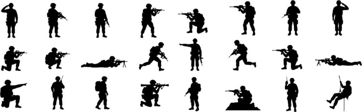 Army Silhouette Icon Set Soldier Military Equipment