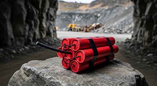 Red dynamite sticks with a fuse sitting on a rock in a mining site.