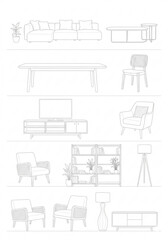Fototapeta premium Minimalist furniture line drawings set including sofa, chairs, tables, and bookshelves. Perfect for interior icons, architectural plans, and decor.
