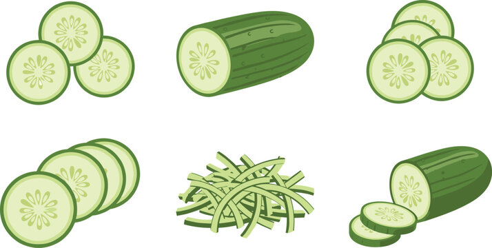 Fresh Cucumber Slices, Whole Cucumber and Shredded Cucumber Vector Set for Healthy Eating, Cooking, and Salad Recipes