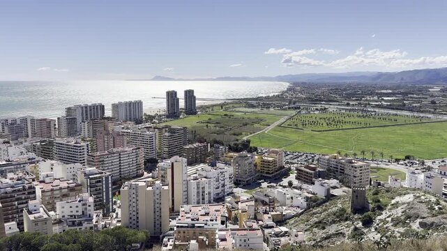 Panoramic View of Cullera City Coastline and Mountains Spain
