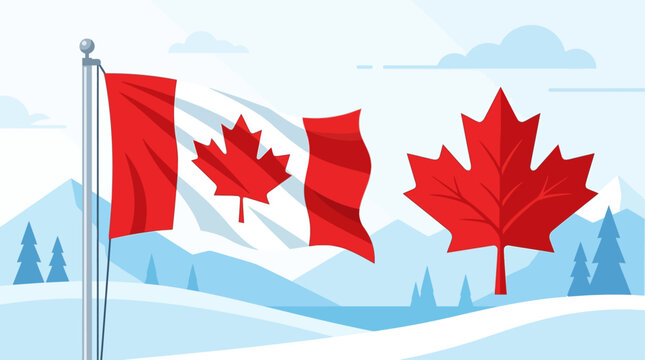 A vibrant flat design illustration capturing the essence of Canada Day with a waving Canadian flag and a bold maple leaf symbol. This minimalist vector art conveys national pride and celebration.