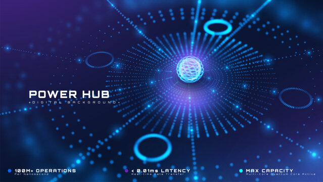 Abstract digital energy hub background with blue glow data core.