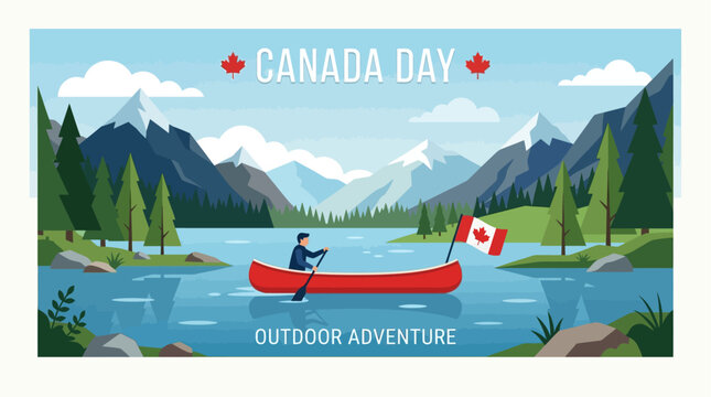 This flat design illustration captures the spirit of Canada Day with a serene outdoor scene featuring a canoe on a lake amidst Canadian wilderness. 