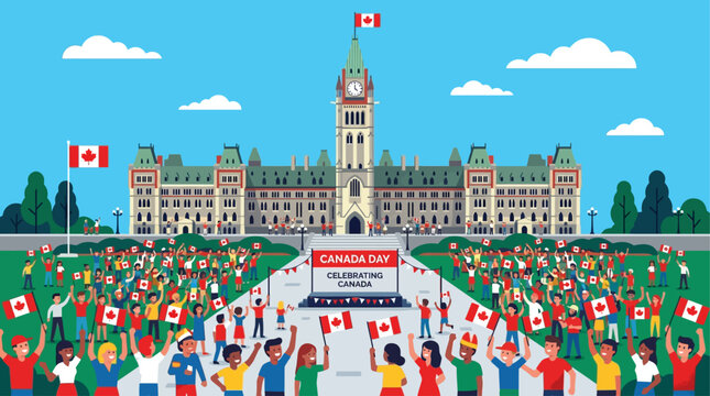A grand flat design illustration depicting a festive Canada Day celebration at Parliament Hill in Ottawa, with crowds gathering to honor the national holiday. 